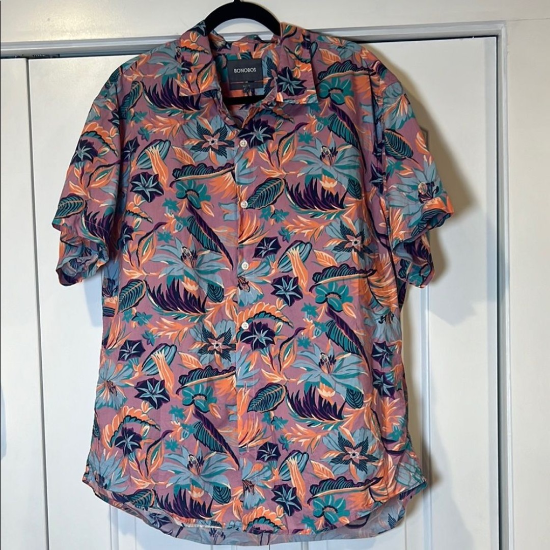 Bonobos Orange and Purple Casual Button Down Shirt Vibrant Tropical Print XXL