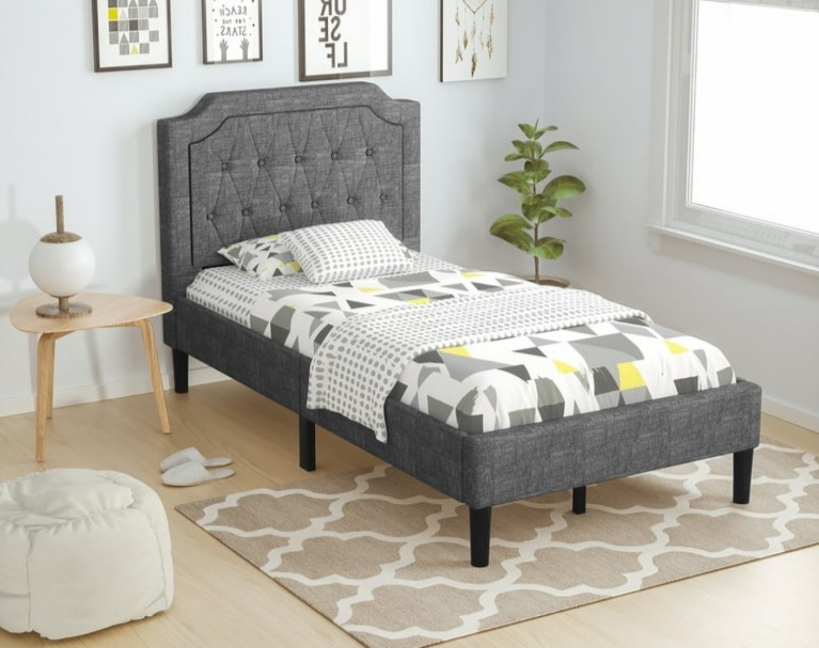 Twin Upholstered Platform Bed Frame Linen Headboard Mattress Foundation, Grey