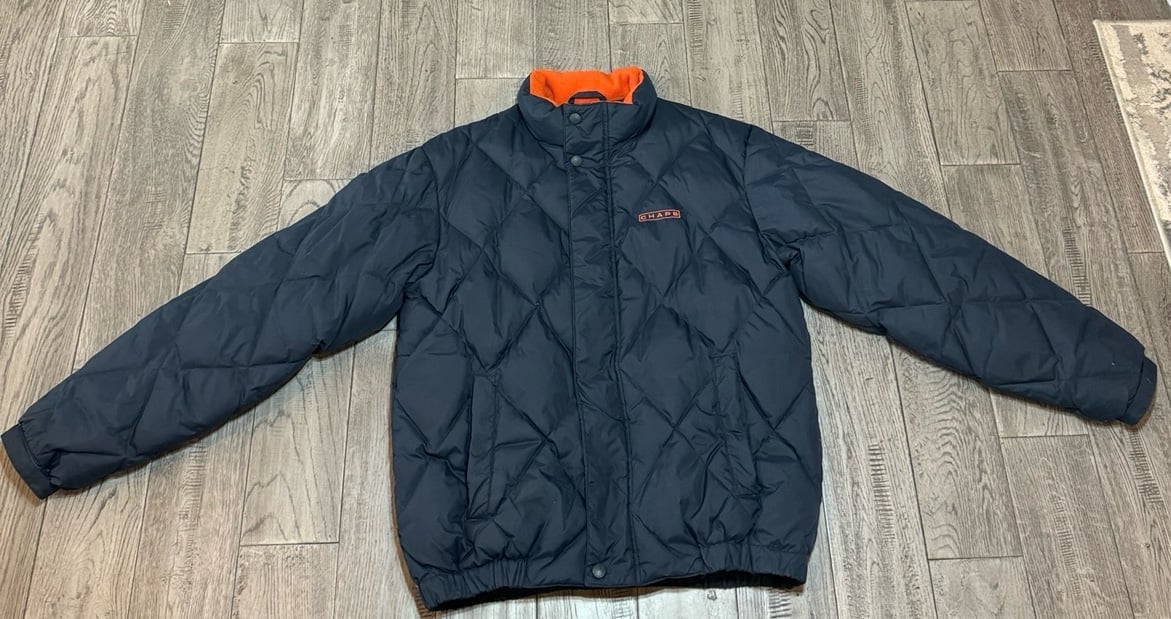 Chaps Jacket Mens M Blue Orange Nylon Down Filled Quilted Puffer Fleece Lined