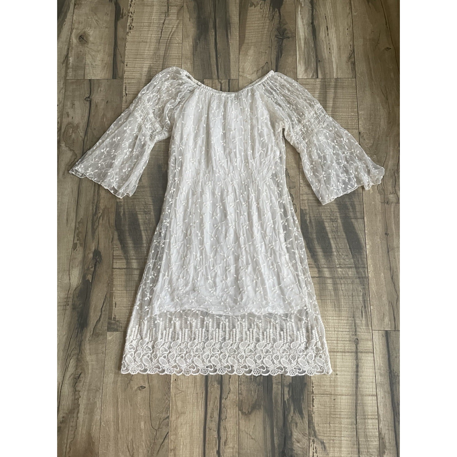 R Cinco Ranch Bell Sleeve Lace Vintage White Dress Size Large