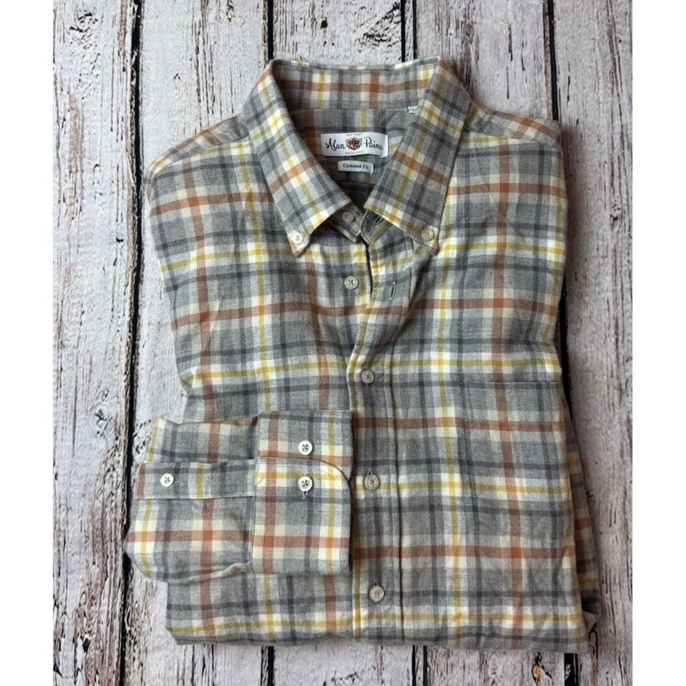 ALAN PAINE ENGLAND WOOL COTTON BLEND Gray Orange Mens Large Soft Flannel Shirt