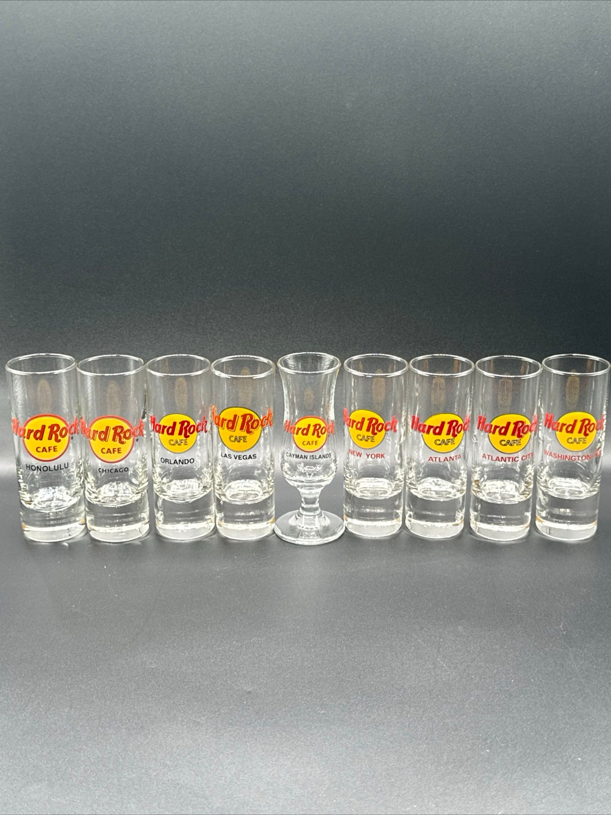 Hard Rock Cafe Lot Of 9 Shot Glasses. 4” Various Cities. Pre Owned.