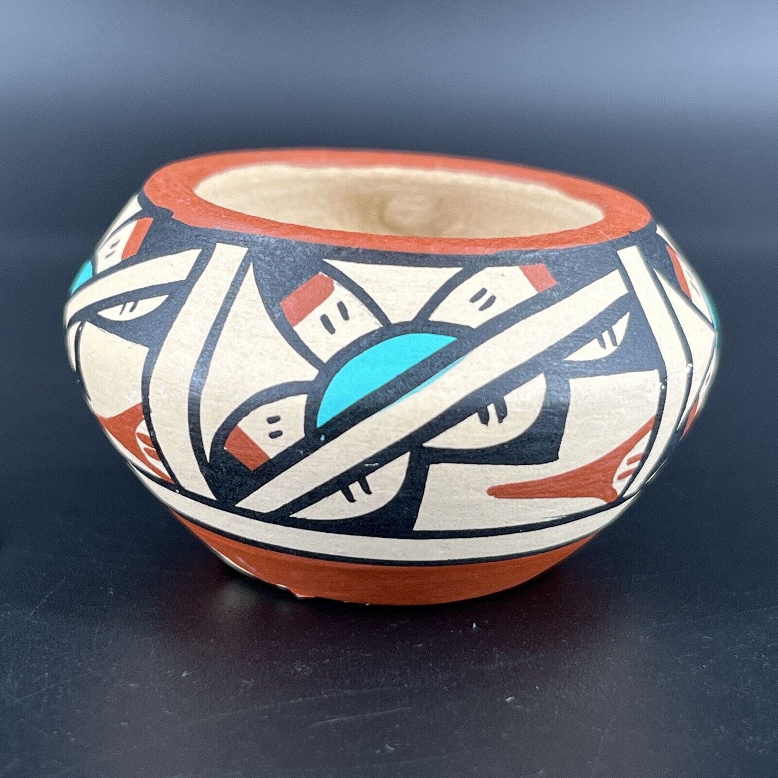 Hand Painted Miniature Native American Pottery Vase 2” Signed Leo Jemez