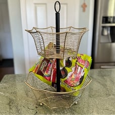 Spider Web Gold/Black Metal 2 Tiered Basket Fruit/Snacks Counter/Table Halloween