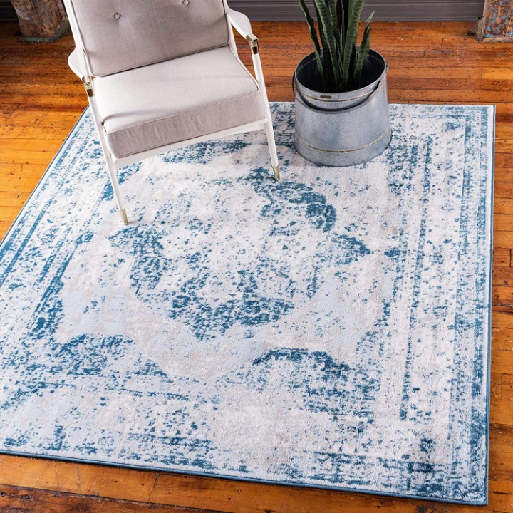8 x 8 ft Square New Area Rug Blue H Home Decorative Art Soft Carpet Collectible
