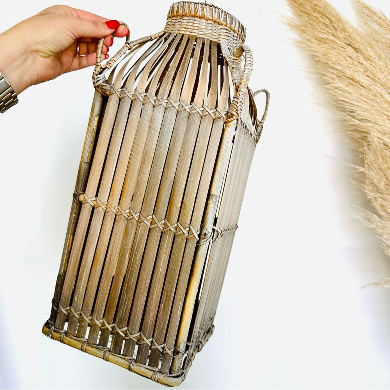 VINTAGE Brown Wood Wicker Woven Tall Basket Accent Decor Vase Handles Y2K 90s