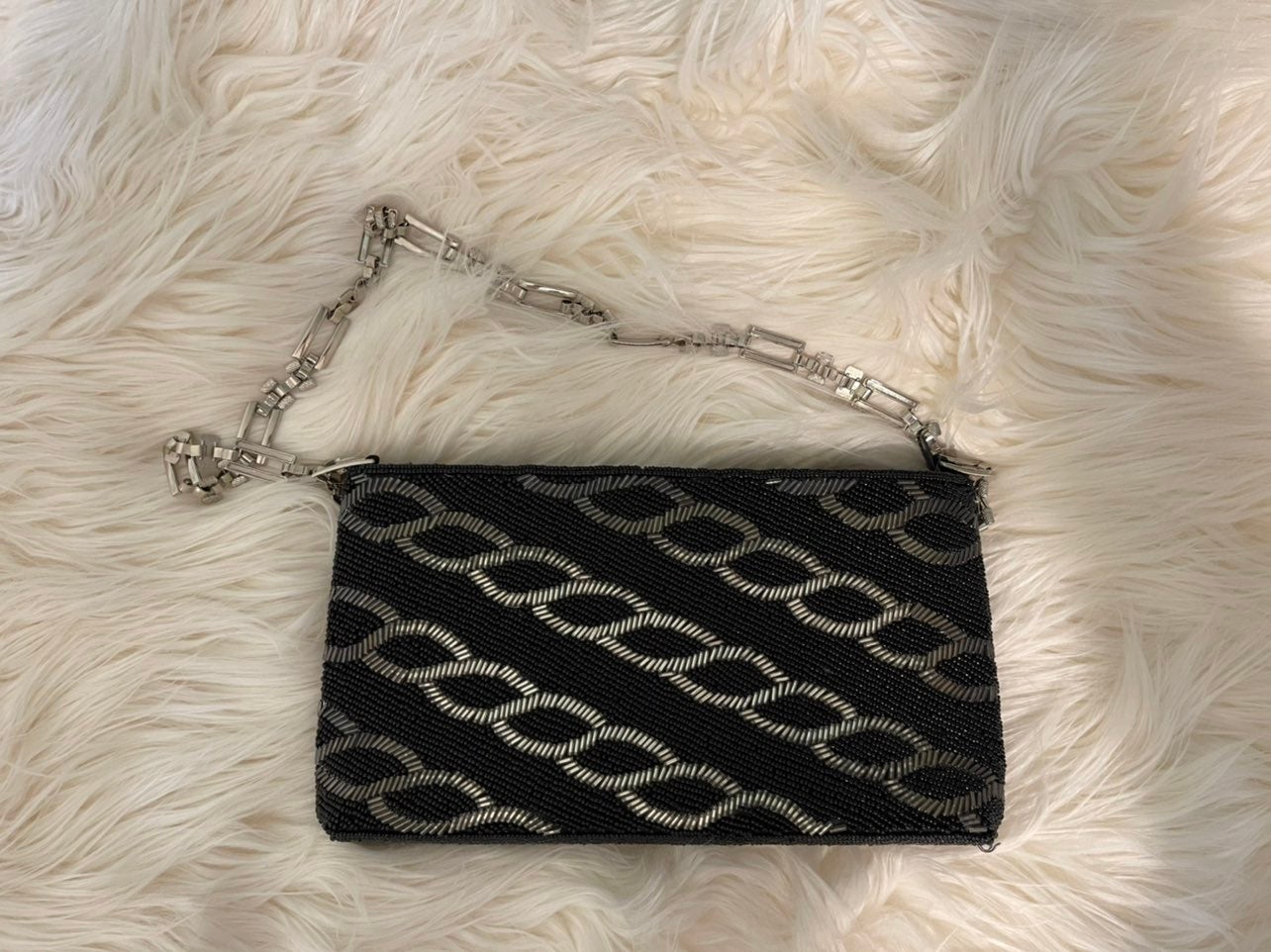 Black Silver Beaded Evening Bag Clutch