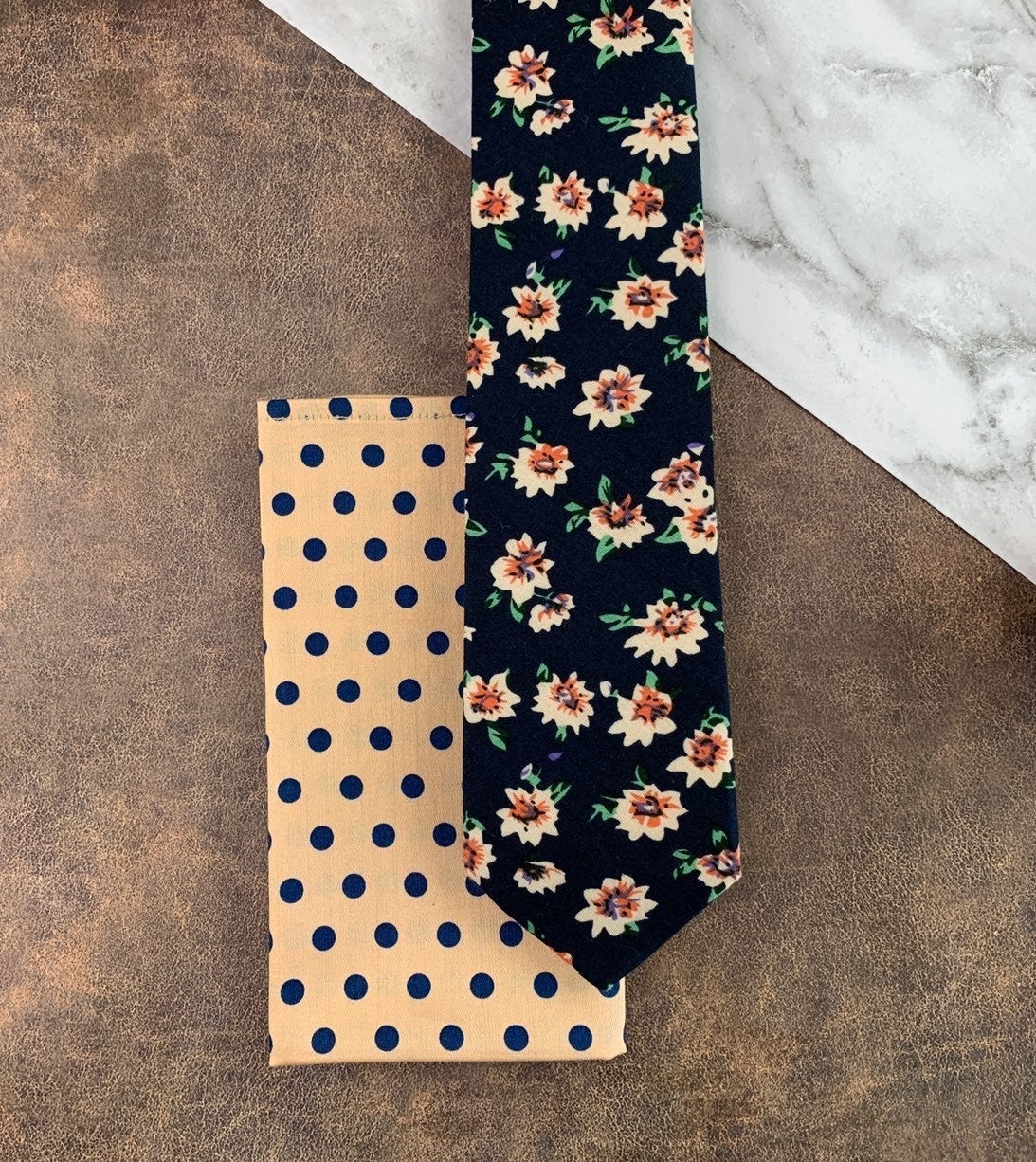 Navy Floral Tie & Polka Pocket Square