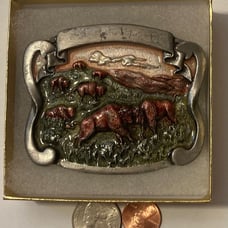 Vintage 1988 Metal Belt Buckle, Bison, Buffalo, Enamel, Nice Western Style