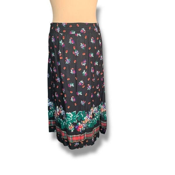 Vintage 90s Pleated Maxi Skirt Black Dark Floral Plaid Border Print 10 Medium
