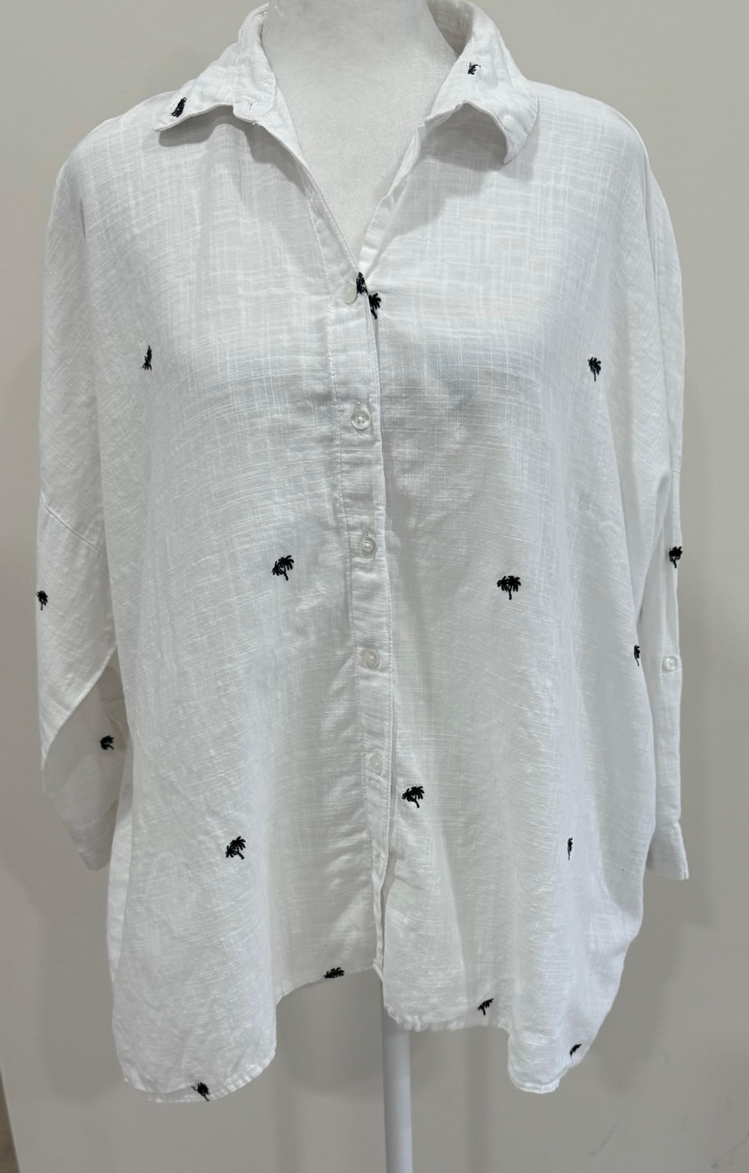 Zara Women’s Cotton Button Down Shirt With Palm Tree Embroidery Size L