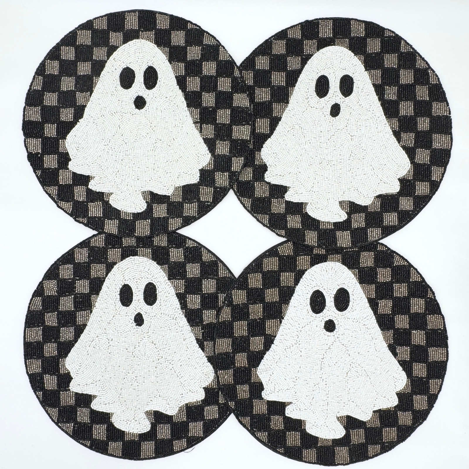Tahari Round Black & Silver Checkered Beaded Ghost Charger Placemat Set Of 4 NEW