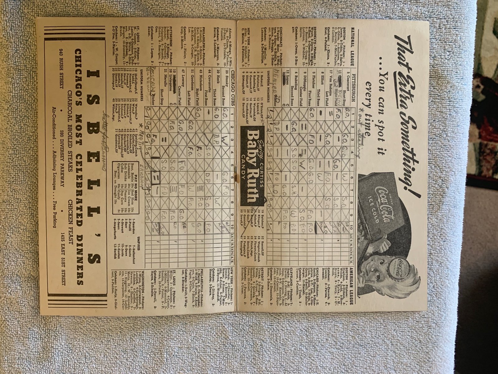 1943 Chicago Cubs vs. Pittsburg Pirates scorecard from Wrigley Field