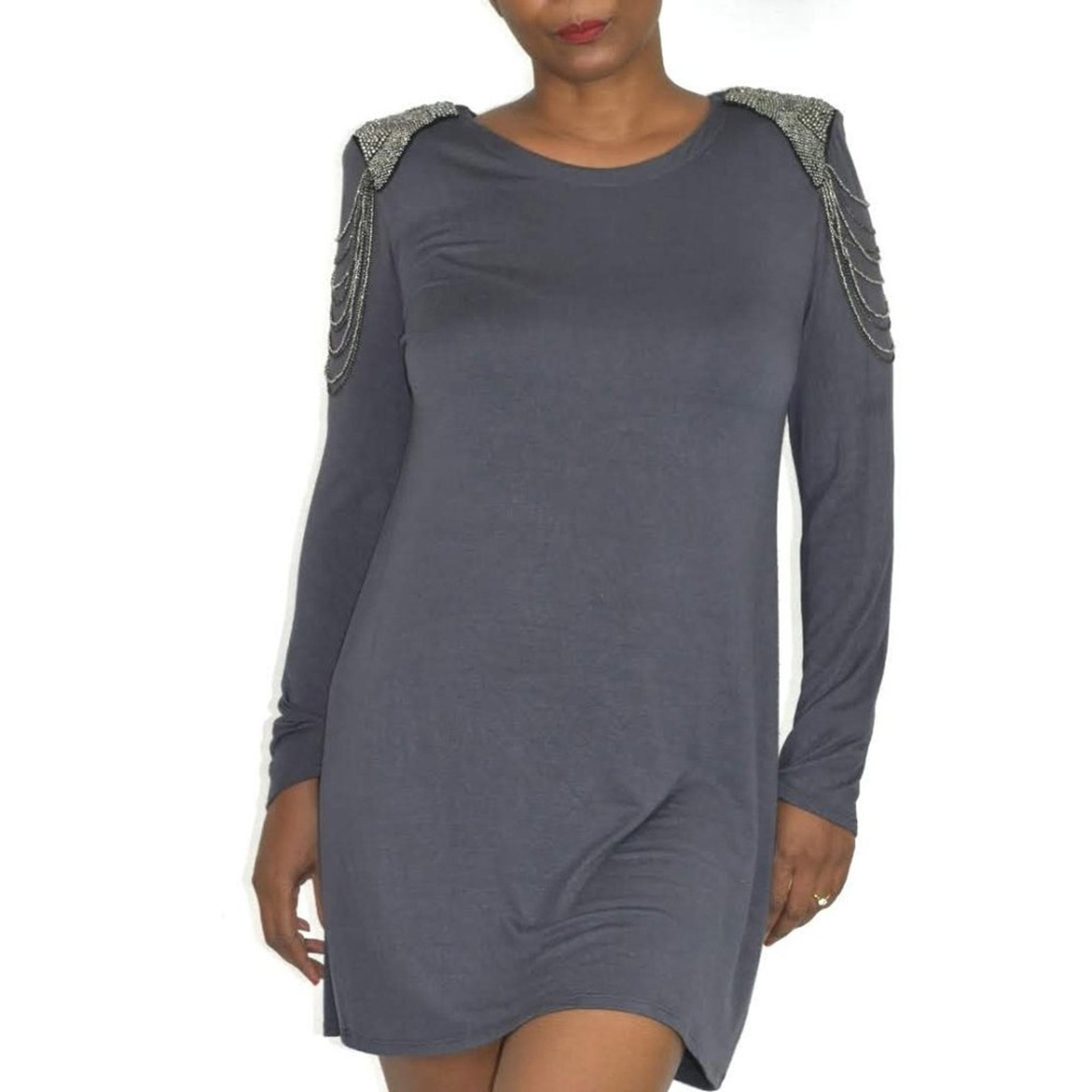 T Bags Jersey Dress Maternity Sculpted Shoulders Embellished Epaulets Mini Gray