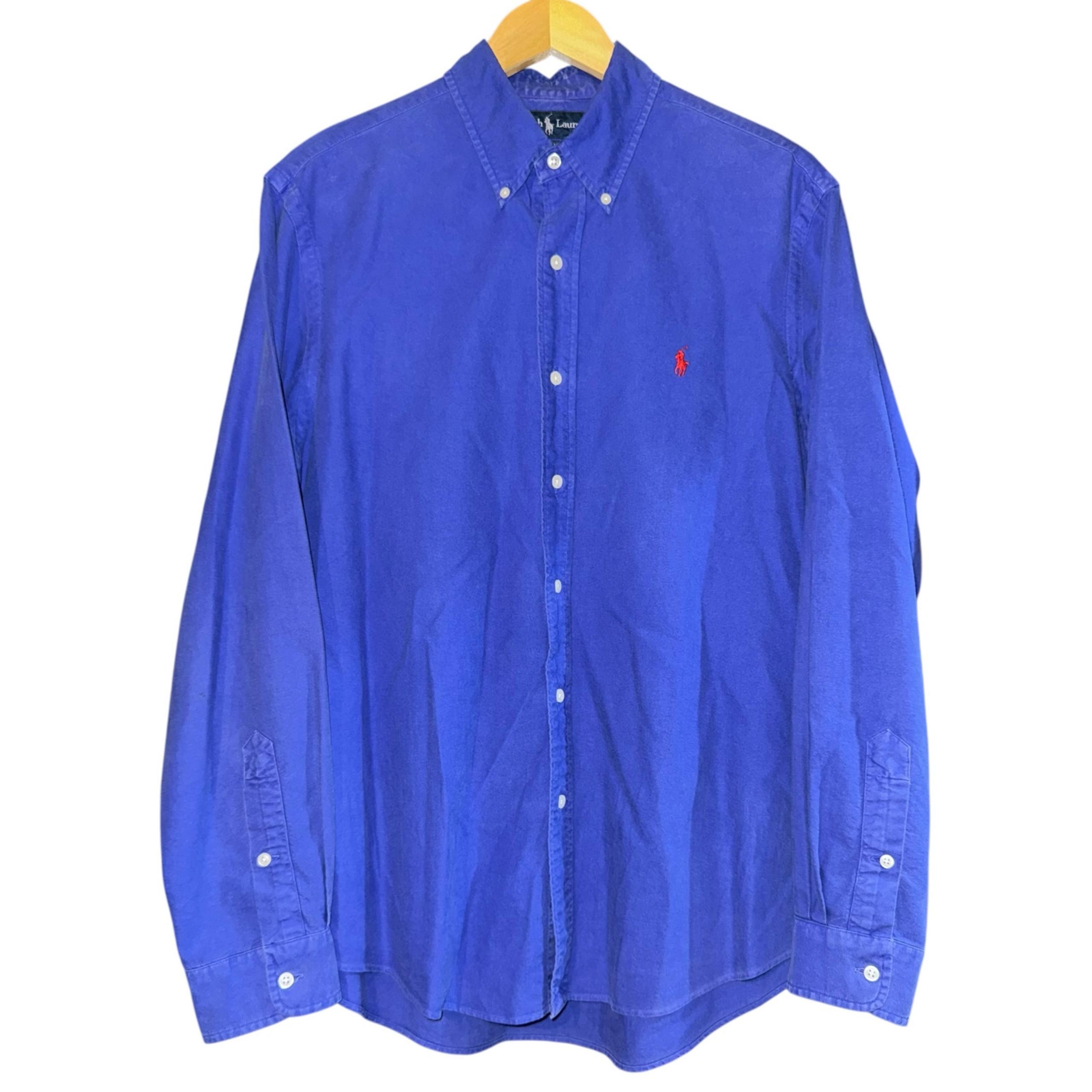 Vintage Ralph Lauren Button Down Sun Faded Blue Mens LG Distressed Preppy 90s