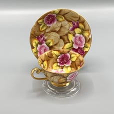 Vtg Lefton Footed Tea Cup Saucer Hand Painted Roses Leaves Gold Gild Grannycore