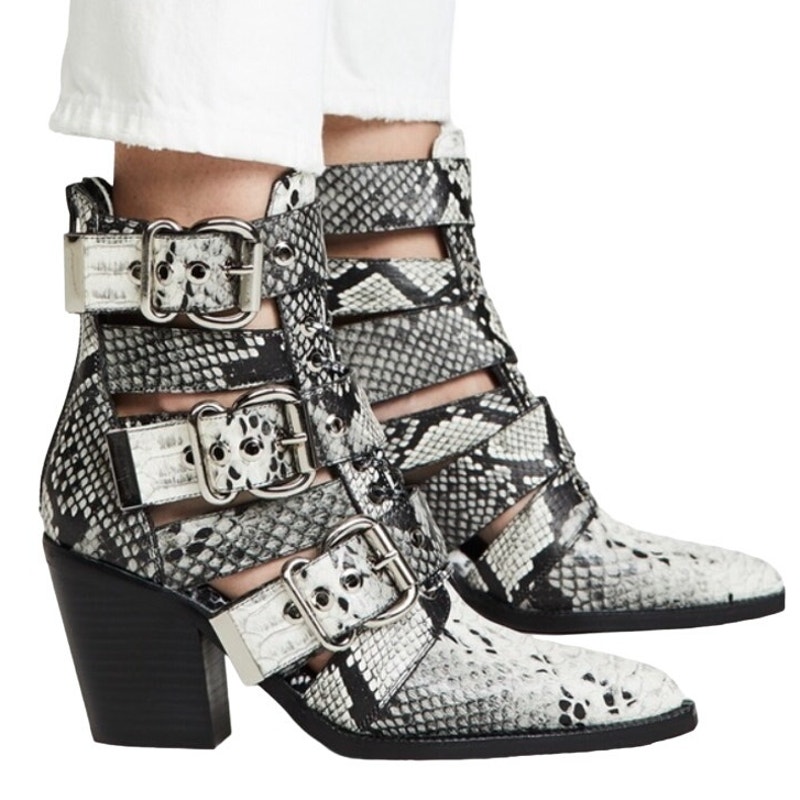 Jeffrey Campbell Women's Caceres Ankle Buckle Zipper Booties Snakeskin Black 10