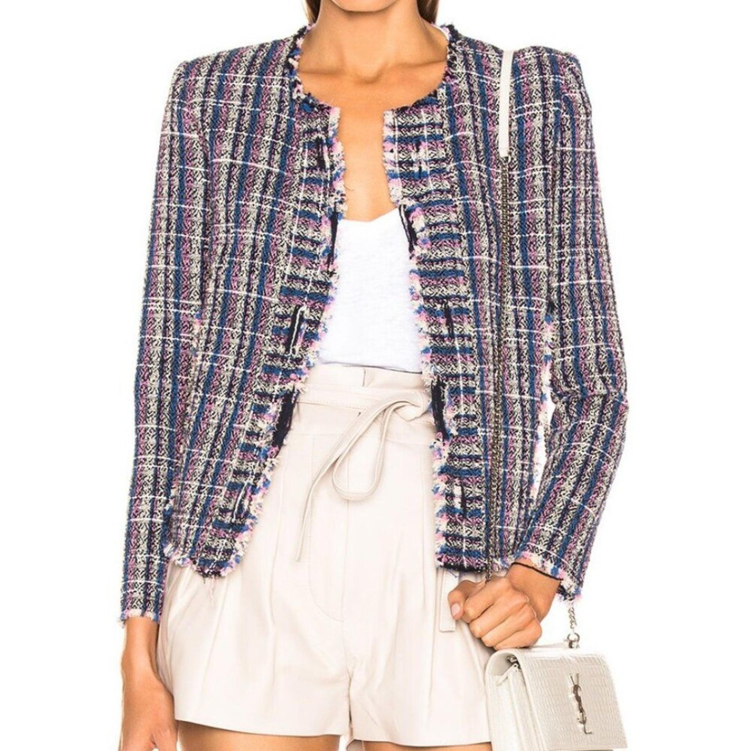 IRO Frannie Tweed Cropped Open Front Blazer Jacket Blue FR 32/ US 0