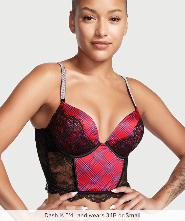Victoria’s Secret Bombshell Corset Top 32B Sparkle Strap Red and Black Plaid