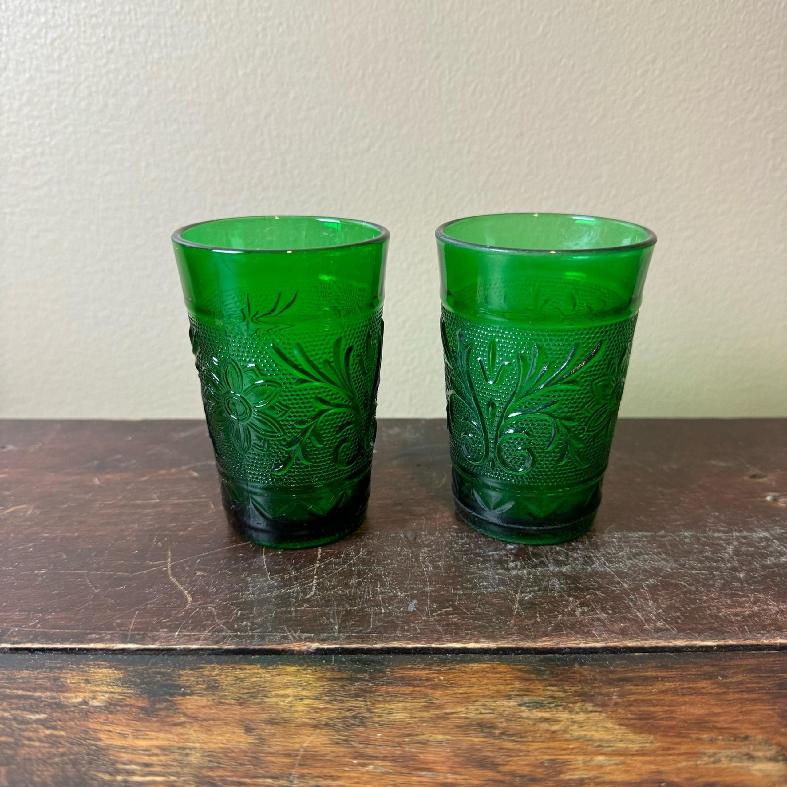 Pair of 2 Anchor Hocking Vintage 1930s Green Oatmeal Sandwich Glasses