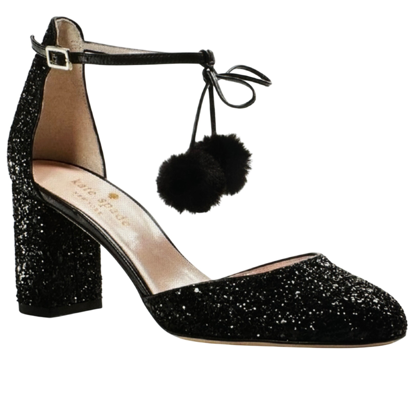 Kate Spade Abigail Glitter Pumps Pom Pom Block Heel Party Shoe Wmn Sz 6.5
