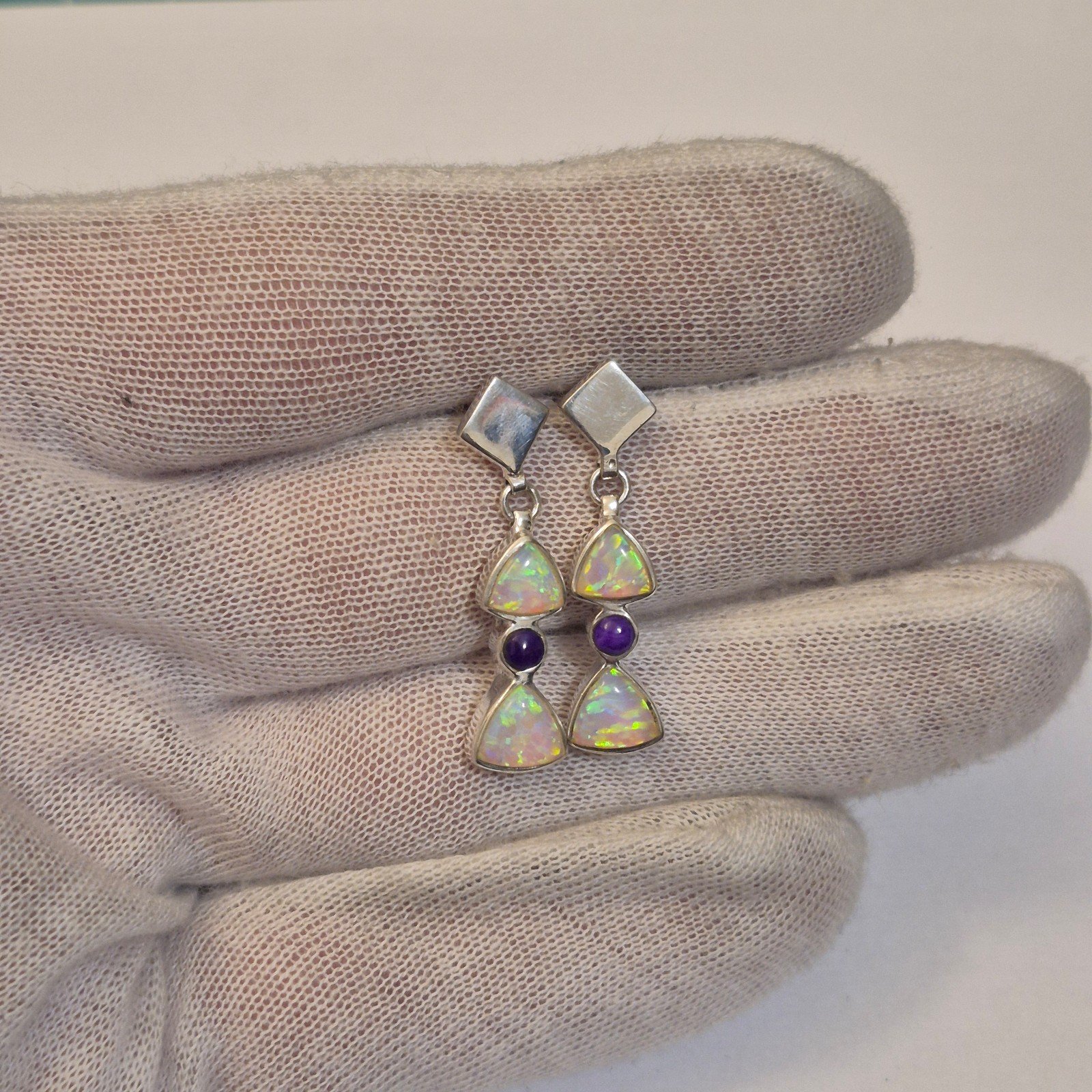 Sterling Silver Opal & Charoite Dangle Stud Earrings – Artisan Geometric Design