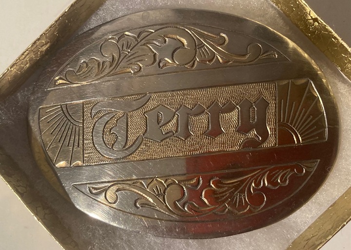 Vintage Metal Belt Buckle, Silver and Brass, Terry, Terrance, Nice Western