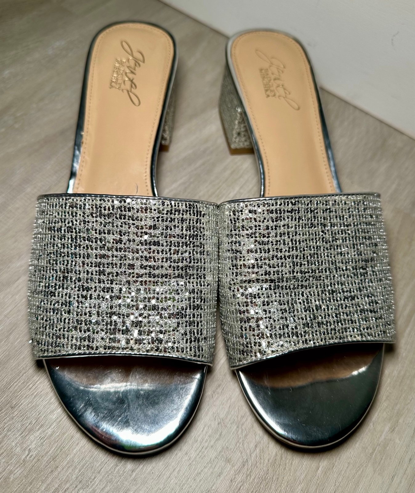 Badgley Mishcka Harlyn Block Heeled Mules with Crystal Vamp sz 7.5