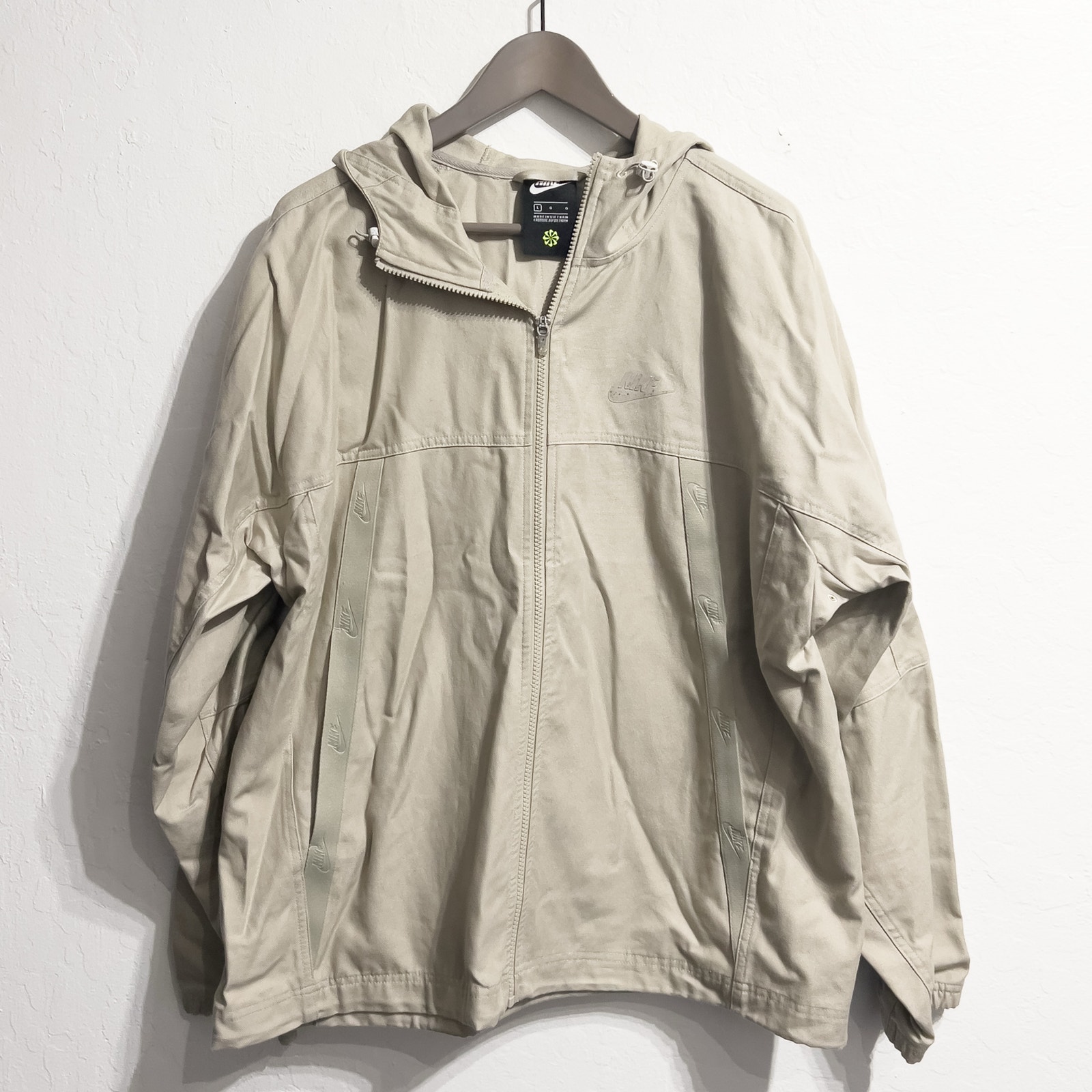 Nike Jacket Mens Large Sportswear Canvas Hood Full Zip Khaki Tan EUC