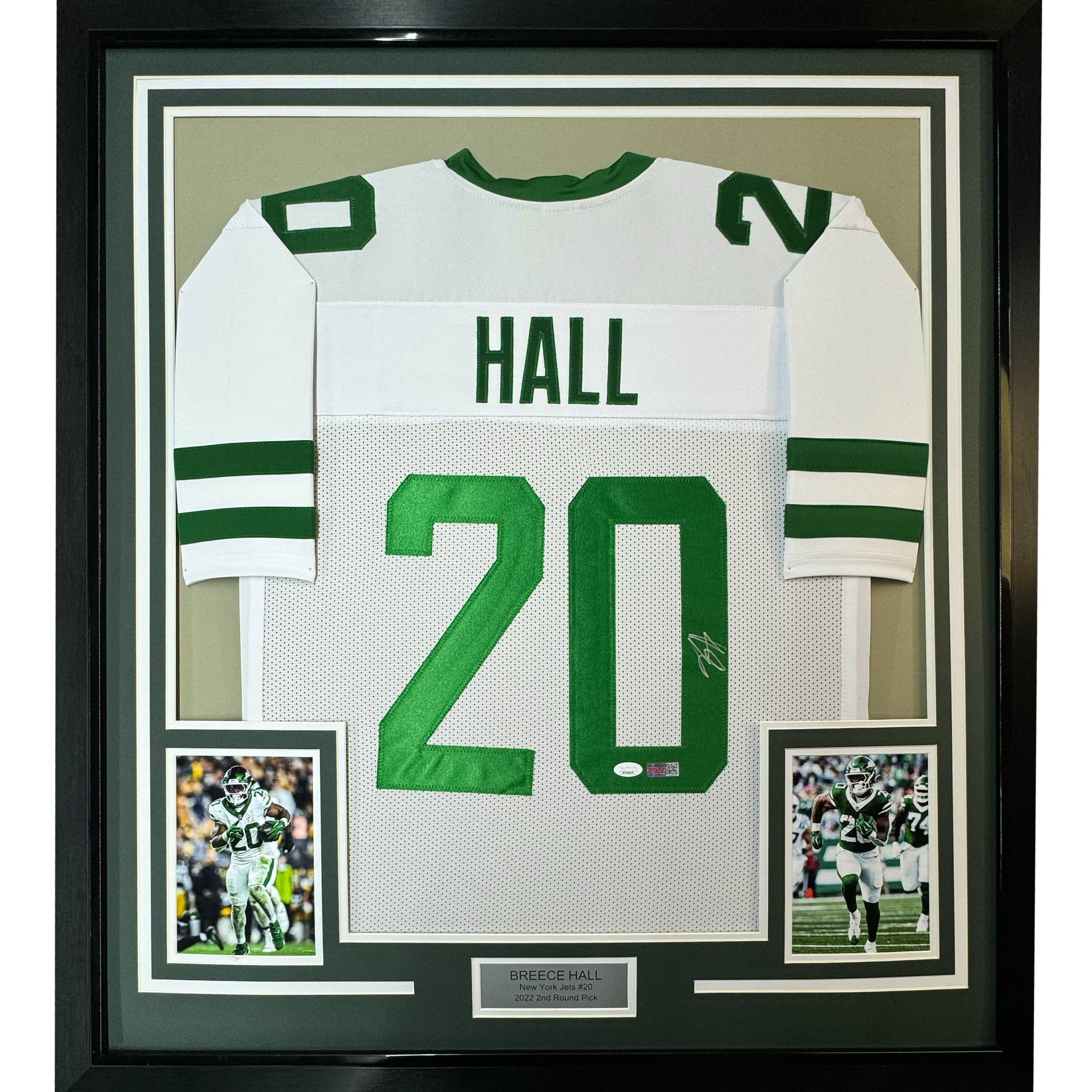 Framed Autographed/Signed Breece Hall 35x39 New York White Jersey JSA COA