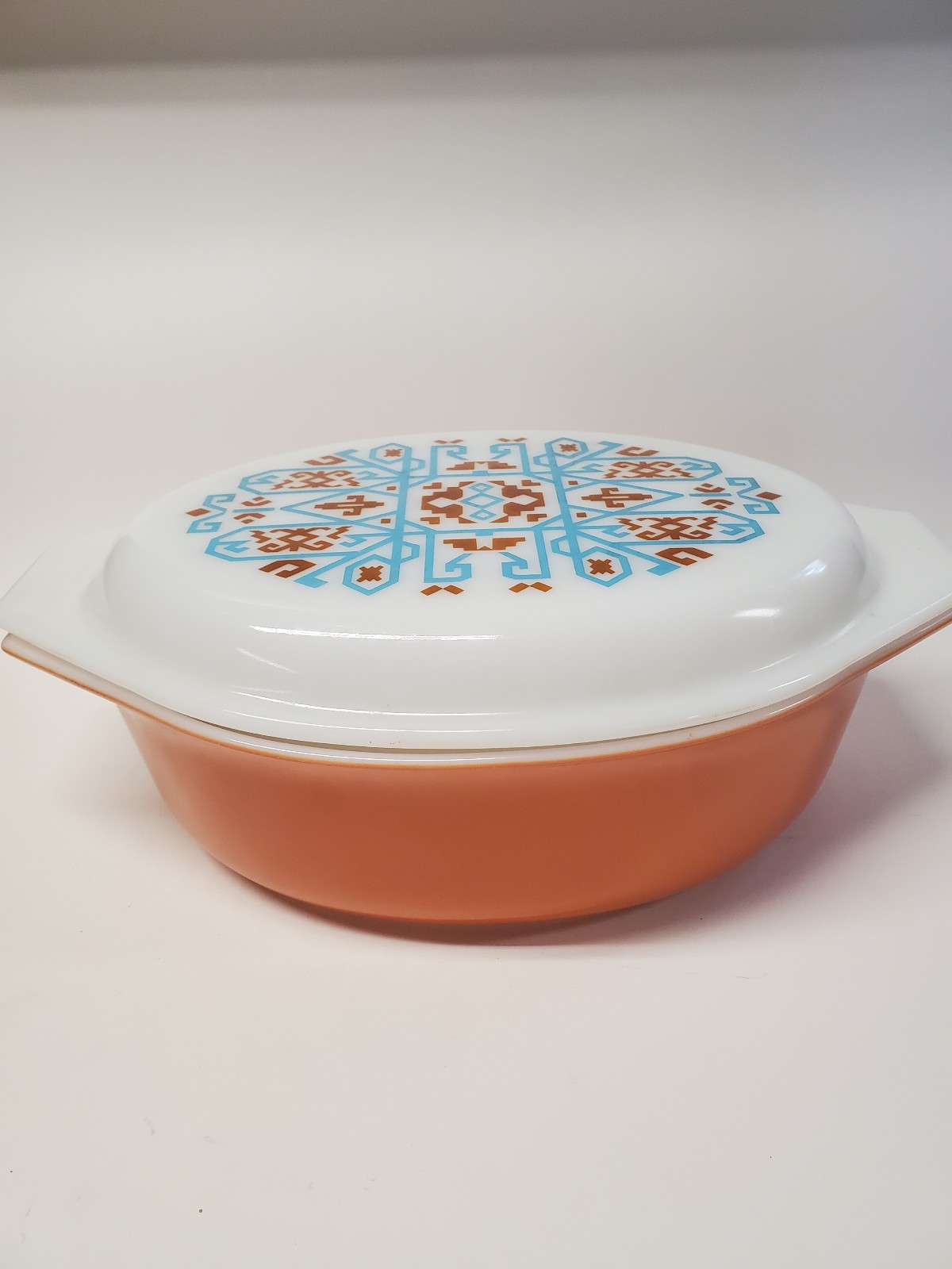1971 Pyrex Navajo Aztec Orange Casserole with Lid