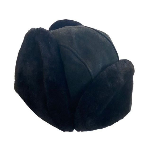 UGG black leather suede sheepskin trapper fur hat