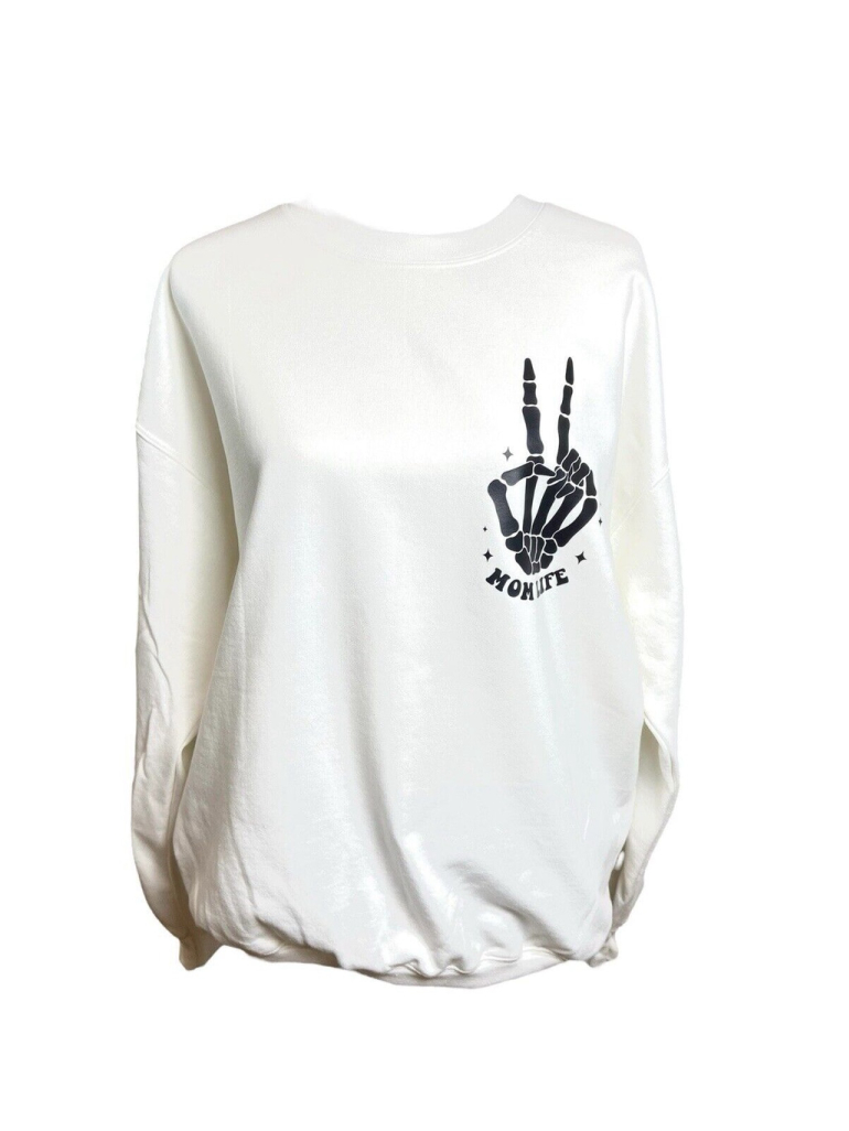 New Gildan Heavy Blend Crewneck Sweatshirt, White, Size Large, “Mom Life”