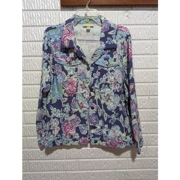 Appleseed's Women's Blue Lavender Soft Knit Jean Style Floral Jacket Size Large