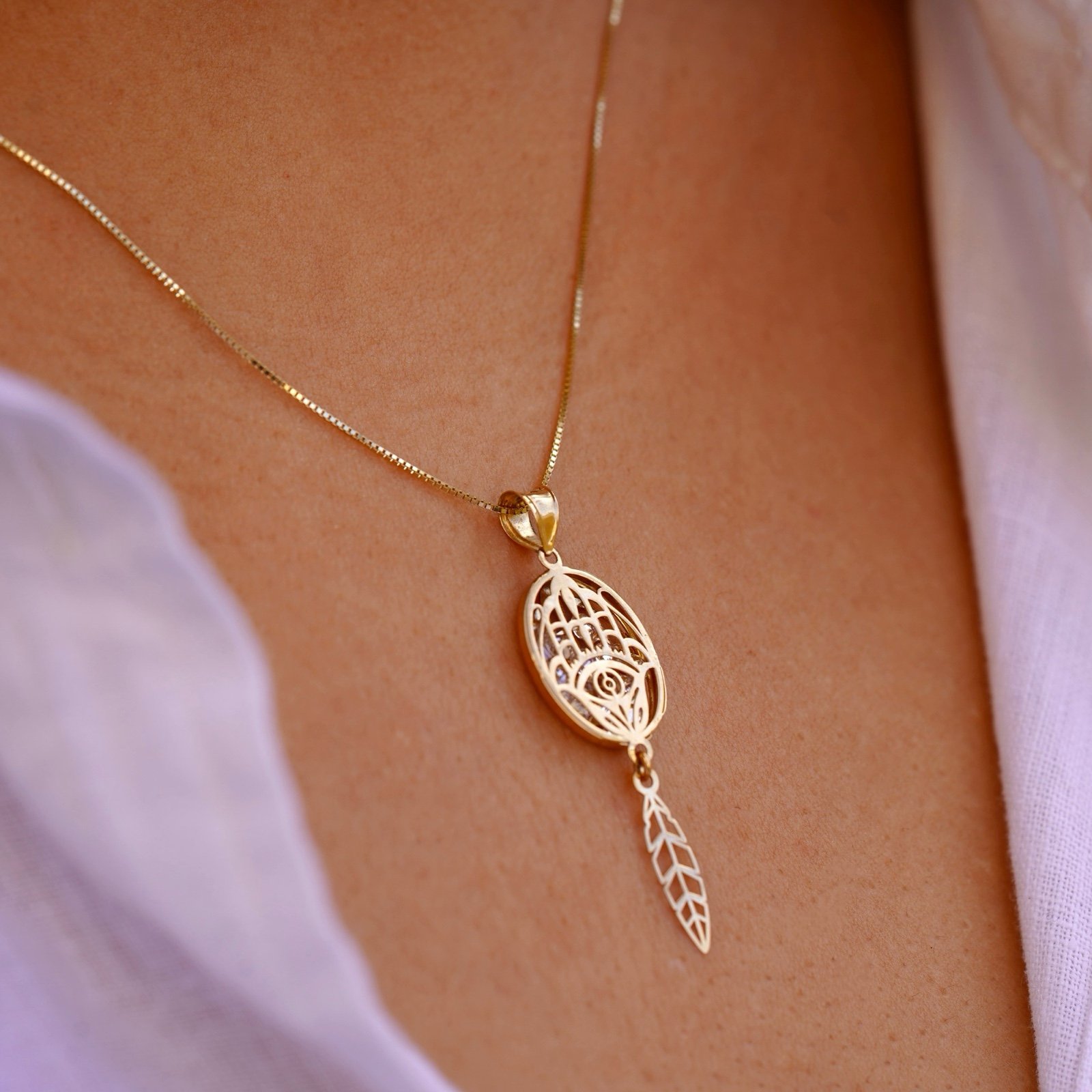 14K Solid Gold Feather and Hamsa Pendant | Symbol of Protection & Grace |