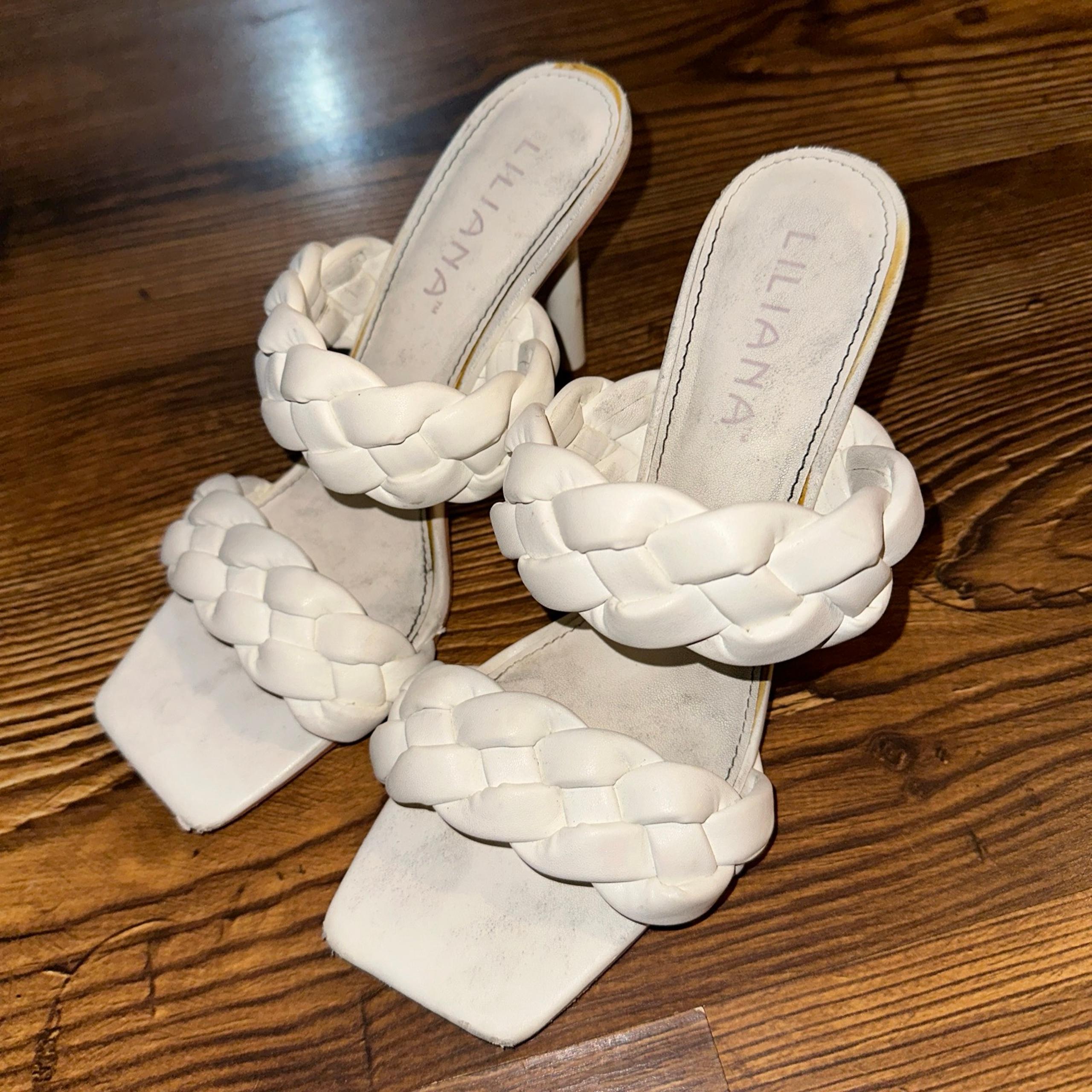 Liliana Braided Square Toe Heel Sandals White  Women’s 9 Shoes