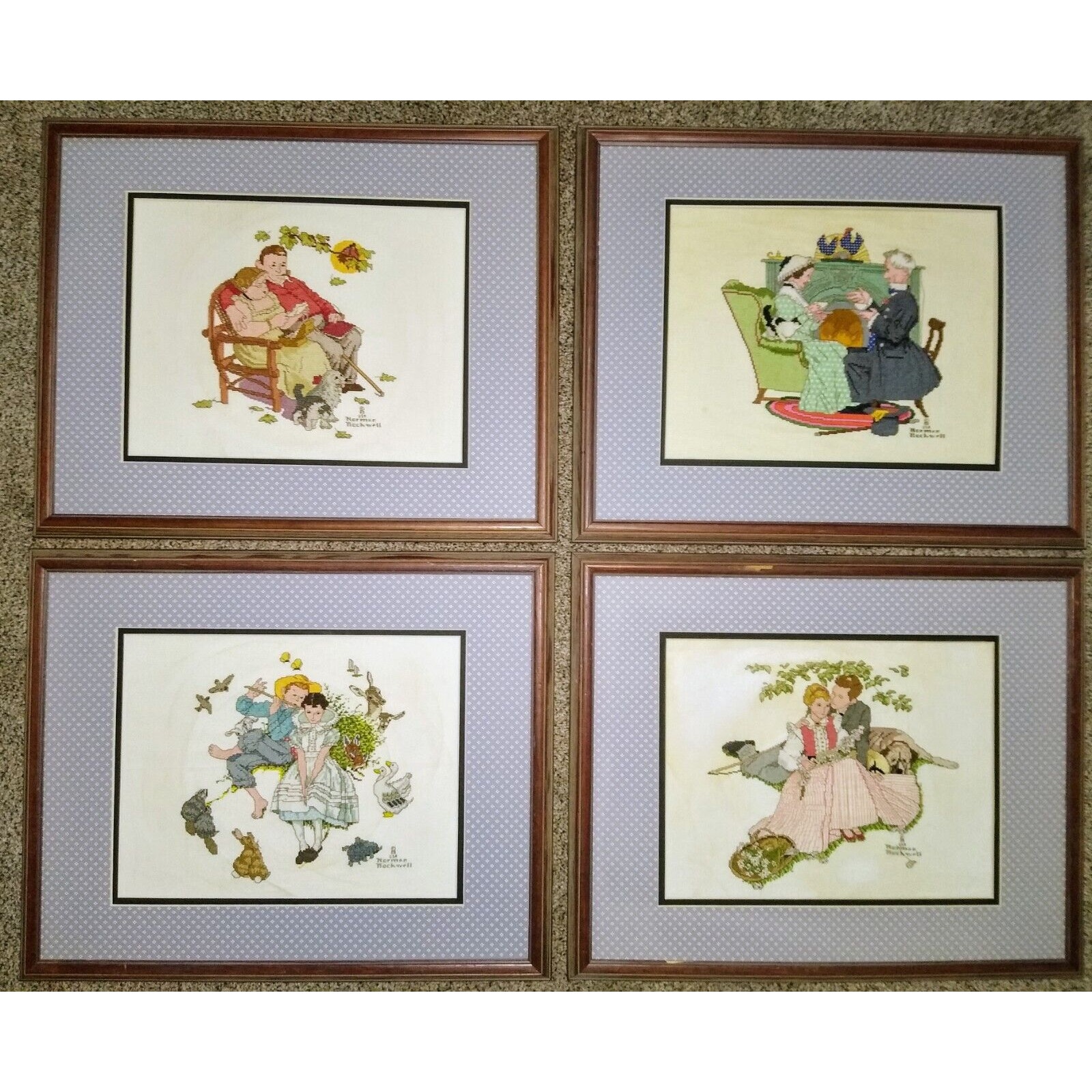 Vintage~Finished Norman Rockwell Cross Stitch LOT~4 Seasons Of Love Series~21.5