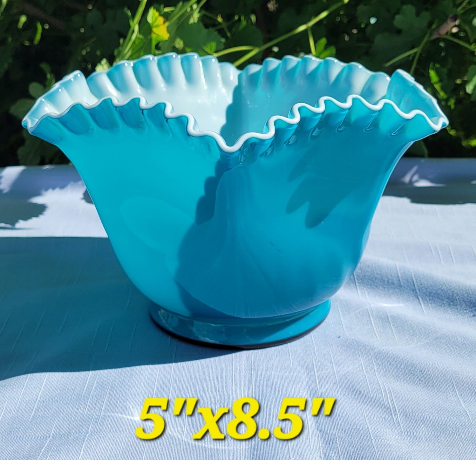 Vintage Fenton Jamestown Turquoise Teal Blue Ruffled Edge Cased Glass Bowl.