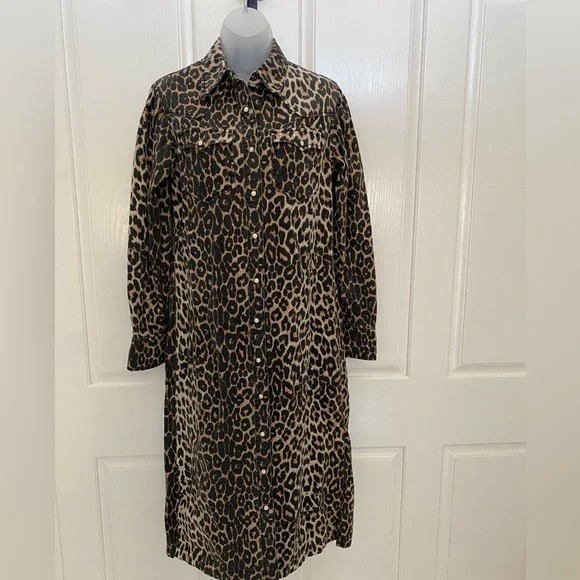 Allsaints Ezra Leopard Animal Print Denim Shirt Dress Sz 2