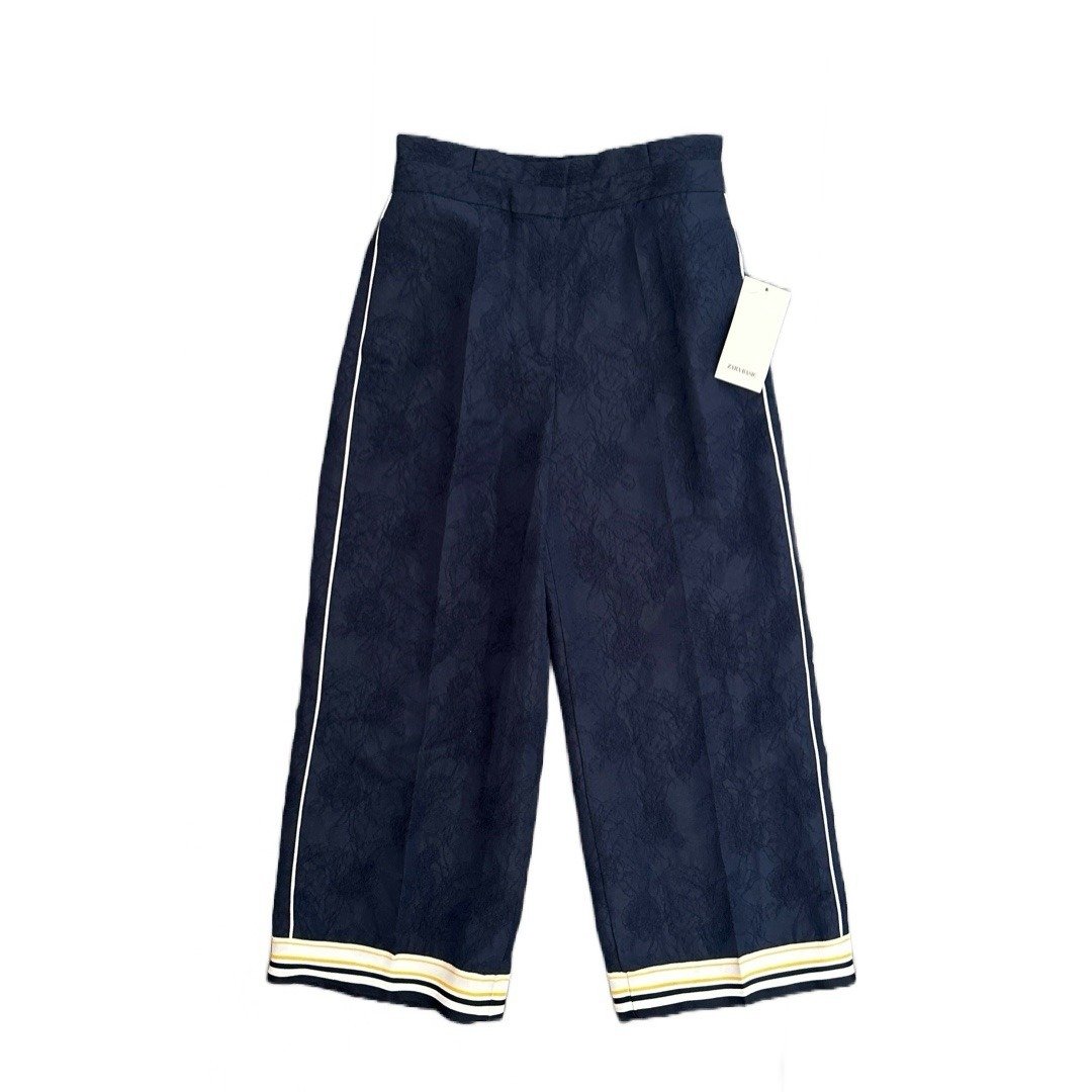 Zara Women's Jacquard Culottes Wide Leg Paper Bag Pants Navy Trousers XS NWT