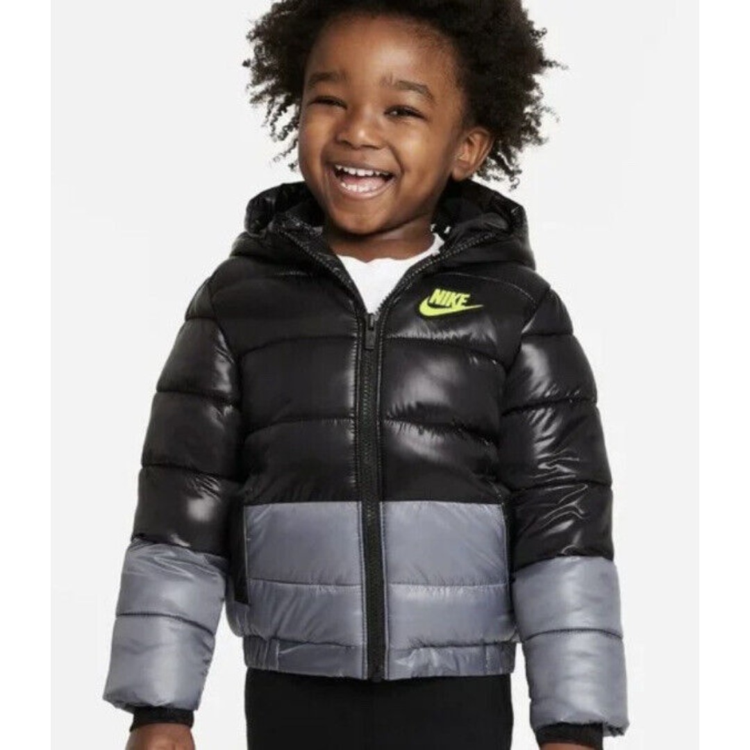 NWT Nike Sportswear Toddler Puffer Coat Size 24 Months Black Gray Hooded Logo