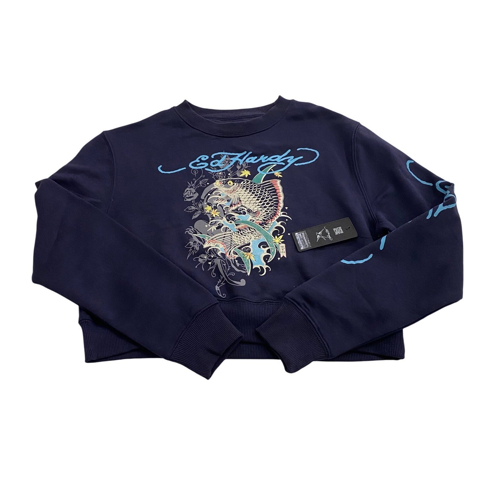 NWT Y2K Ed Hardy Cropped Crewneck Sweatshirt Navy Women's Small