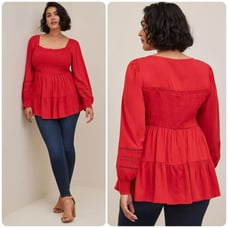NWT Torrid Babydoll Rayon Slub W/ Lace Inset Smocked Tiered Top in Dark Red