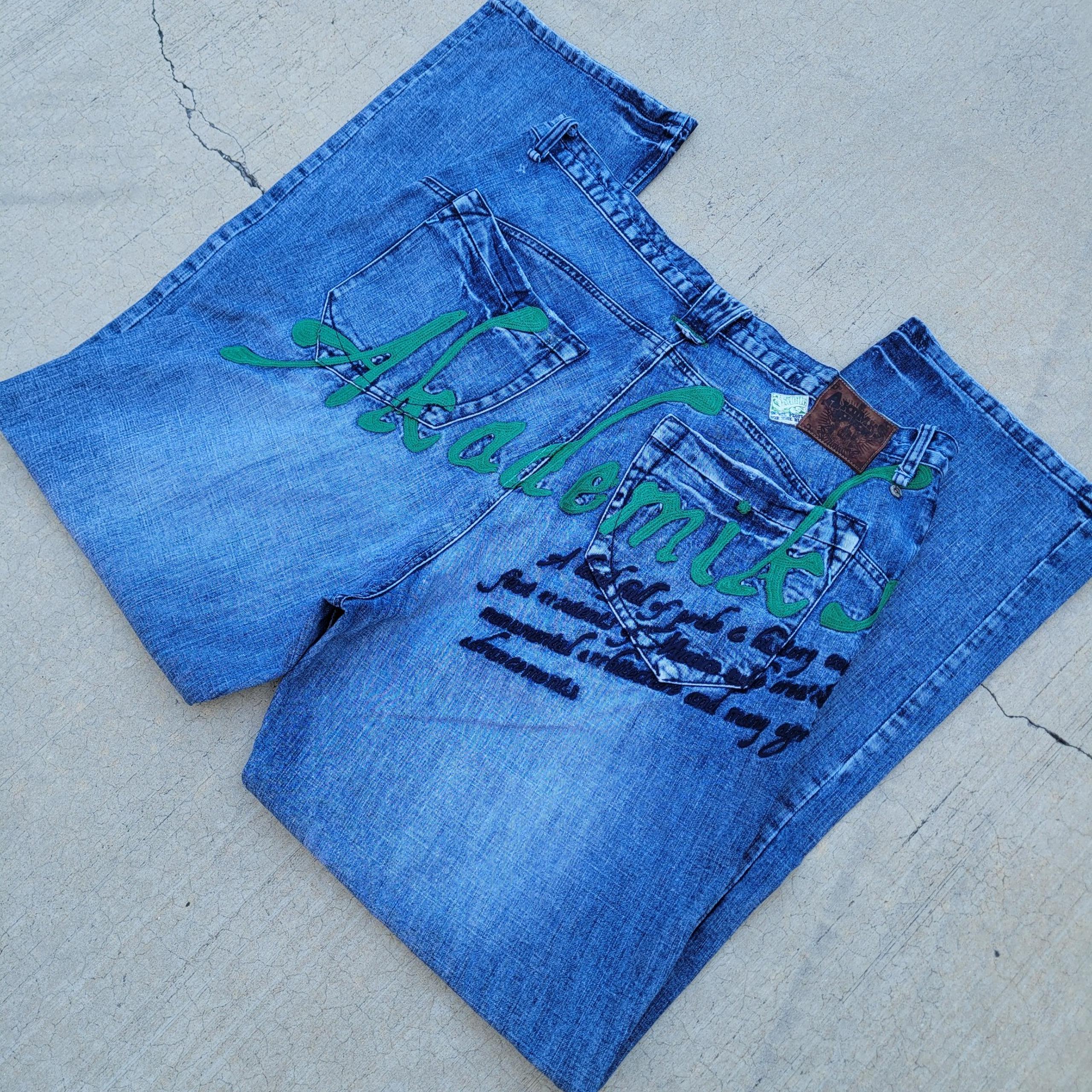 Vintage Akademiks Embroidered Baggy Wide Leg Jeans 40 Rap Hip Hop 90s Y2K Skater