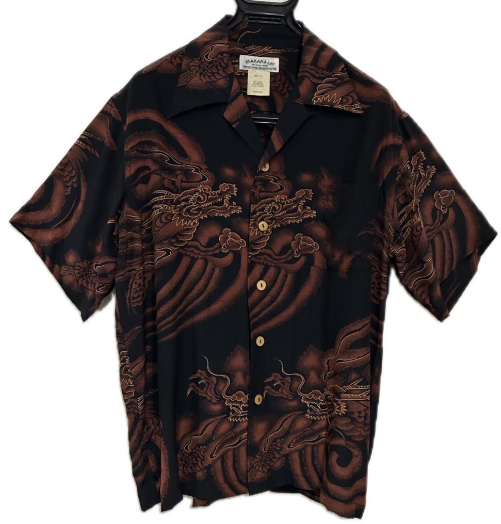 * Makana Lei Japanese Pattern Dot Dragon Aloha Shirt Open Collar Shirt M