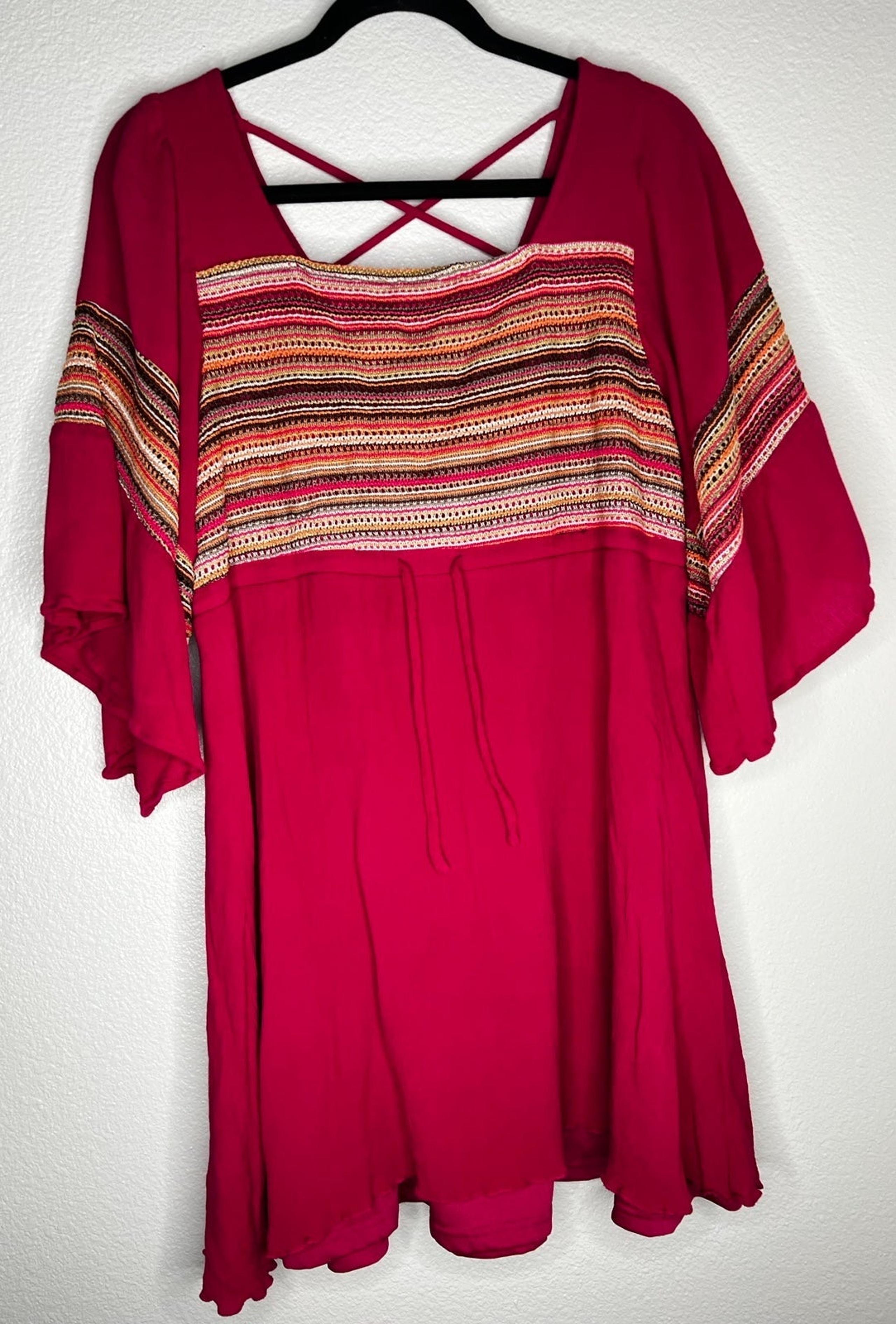 Umgee Fuschia Boho Embroidered Flutter Sleeve Mini Dress Size Large/L Flawed