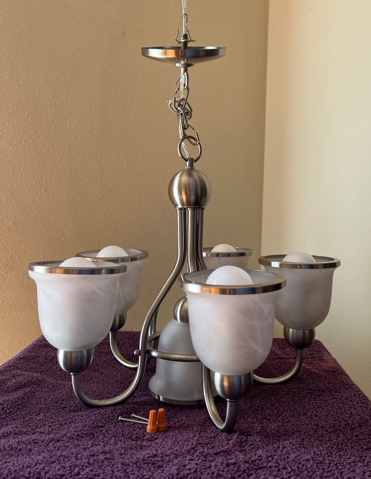 6-light Chandelier, Brushed Nickel, Marble-Frosted Glass; 6 LED Bulbs included!
