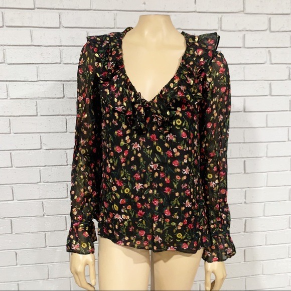 J.Crew Women’s midnight vintage floral Ruffleneck top - Size M