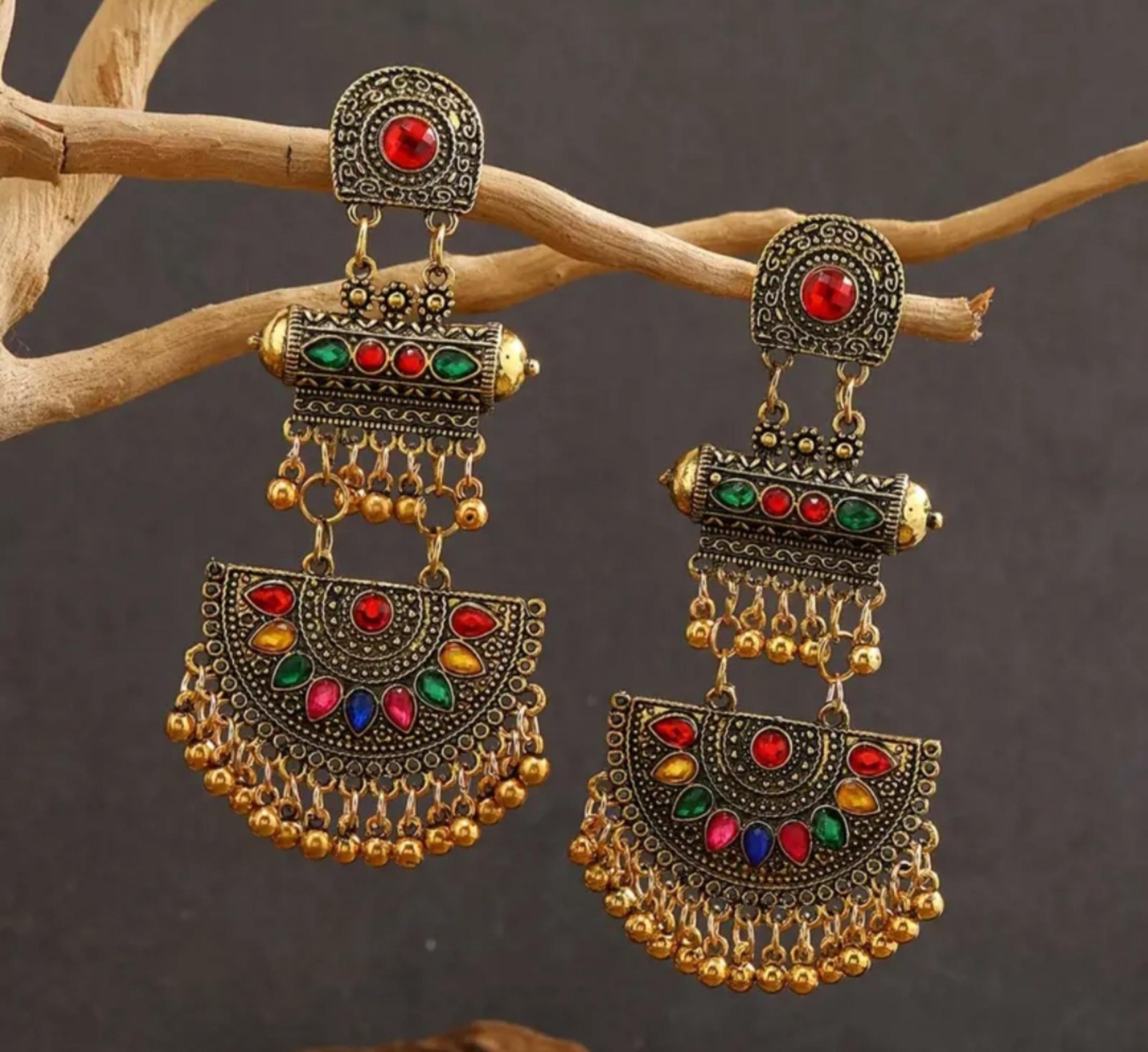 WORLD MARKET LARGE ETHNIC / RHINESTONE DETAIL DANGLE EARRINGS NWOT