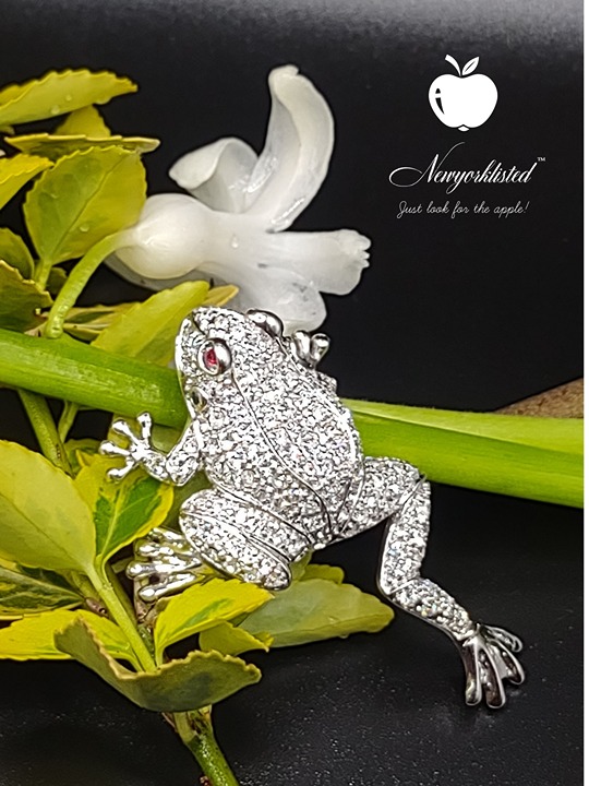 Gorgeous Sterling Silver Jenna Nicole Rhinestone Frog Brooch - NEWYORKLISTED